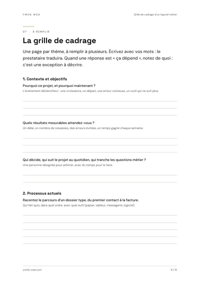 Page de grille à remplir du guide « Grille de cadrage d'un logiciel métier »